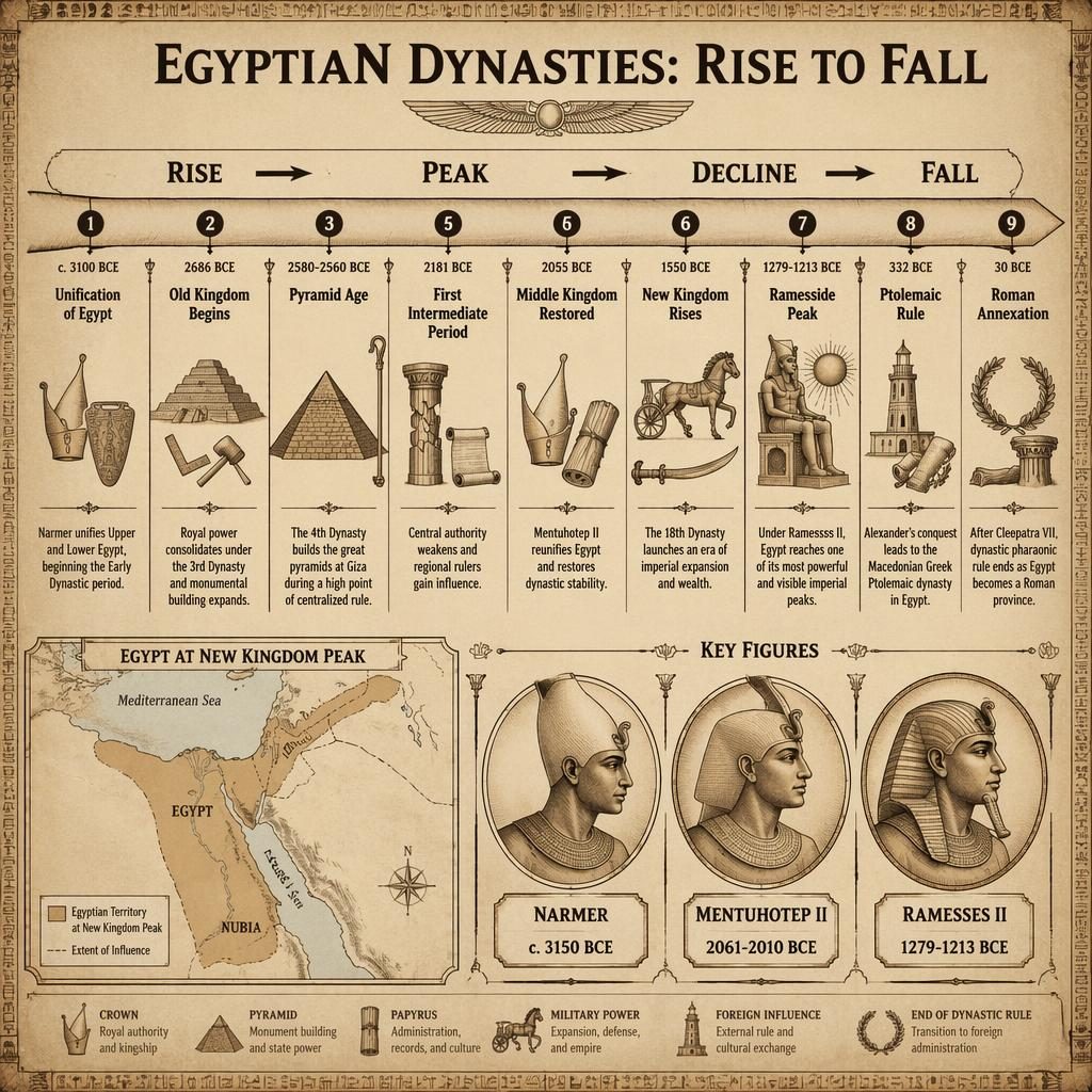 Infographie chronologique des dynasties égyptiennes sur parchemin, avec 9 jalons, carte encart et portraits de Narmer, Mentouhotep II et Ramsès II.