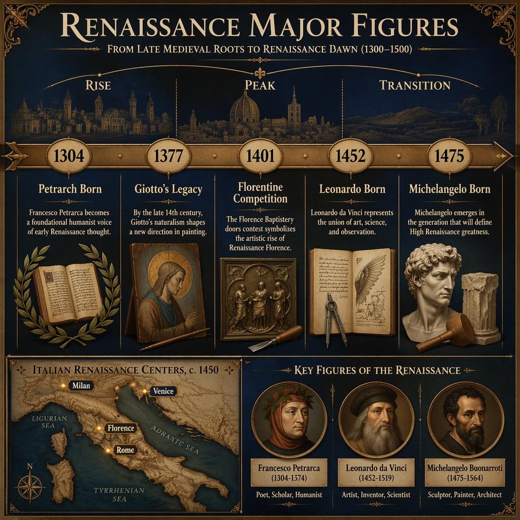 Museum-style Renaissance timeline infographic with 5 milestones from 1304 to 1475, map inset of Italy, and figure medallions.