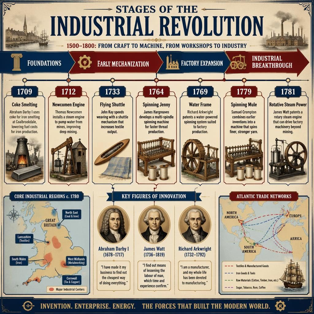 Infographie historique horizontale sur les étapes de la révolution industrielle, avec 7 dates, cartes, icônes et portraits.