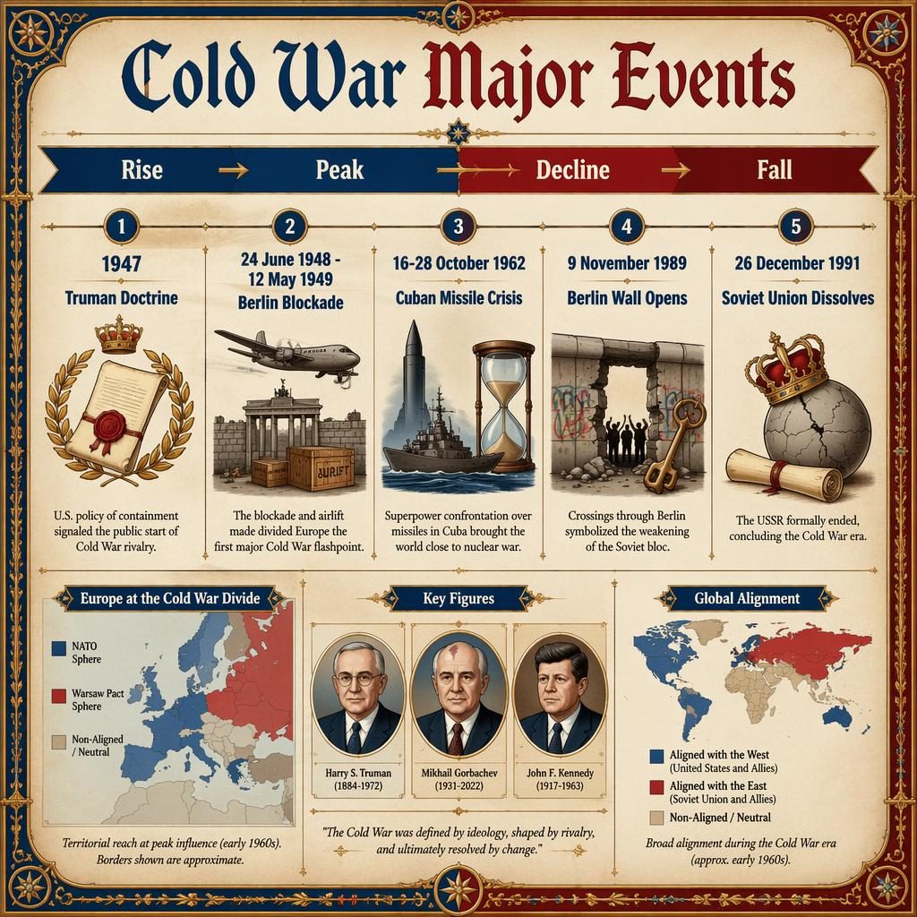 Infographie historique horizontale sur la guerre froide, style rétro, avec 5 dates clés, cartes, portraits et ornements.