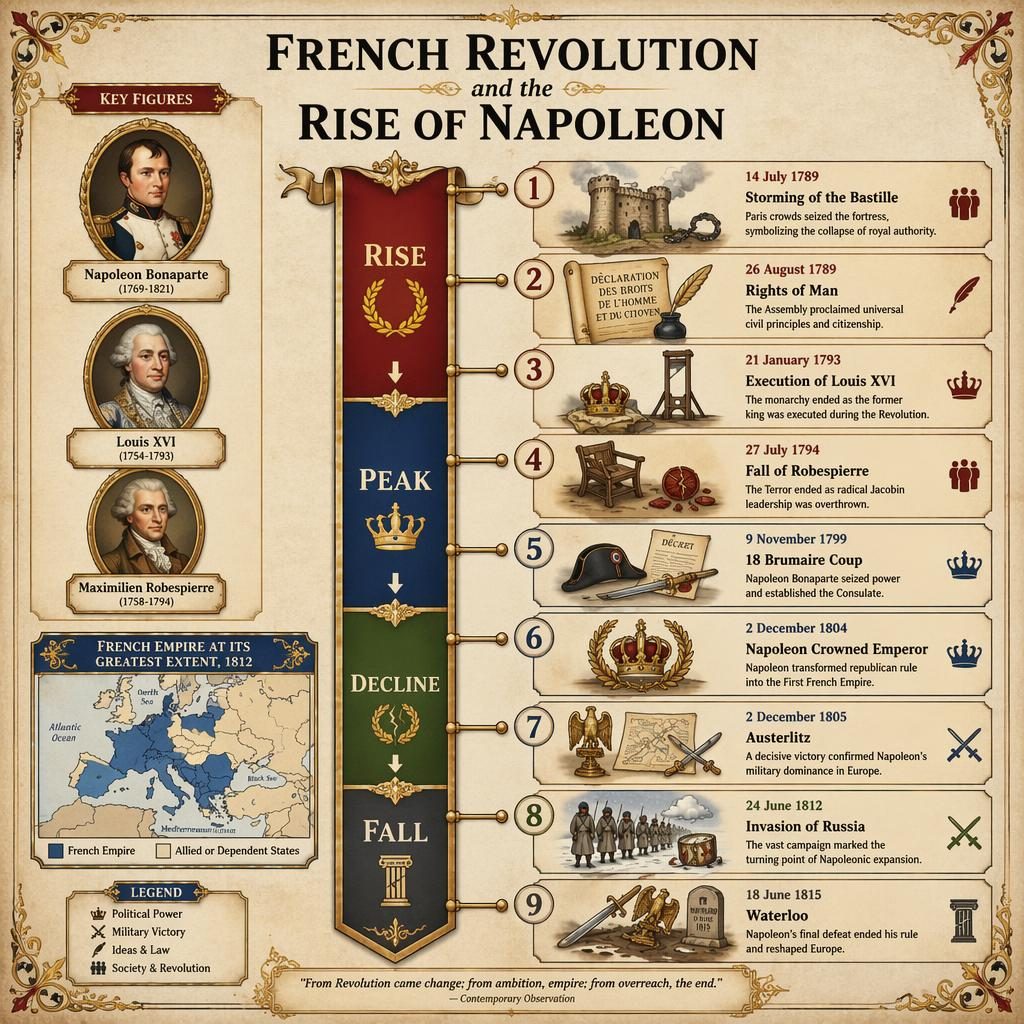Infografía histórica vertical en pergamino sobre Napoleón y la Revolución Francesa, con 9 hitos, mapa de Europa y medallones.