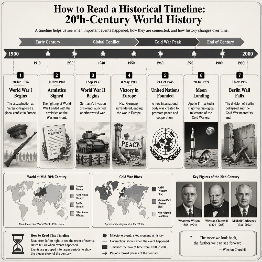 Infographie en frise chronologique horizontale 1900–2000 avec 7 jalons, cartes, portraits et annotations en anglais.