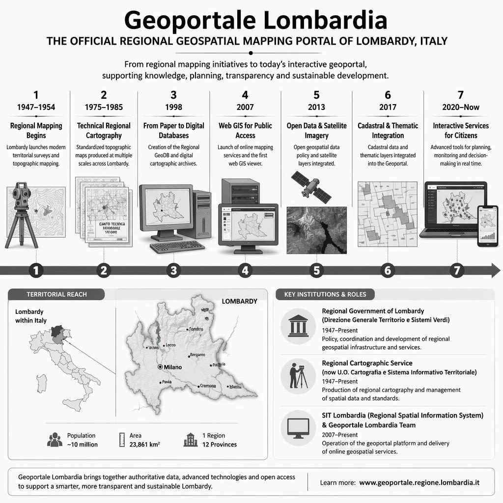 Infografica cronologica monocromatica su geoportale lombardia con 7 tappe, mappe, satellite, server e Lombardia evidenziata in Italia.