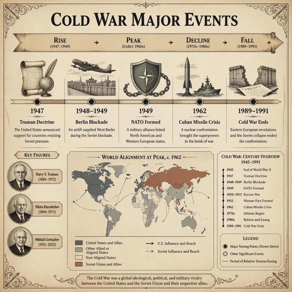 Infographie horizontale style parchemin ancien sur la guerre froide, avec 5 dates clés, carte encart, portraits et légende monochrome.