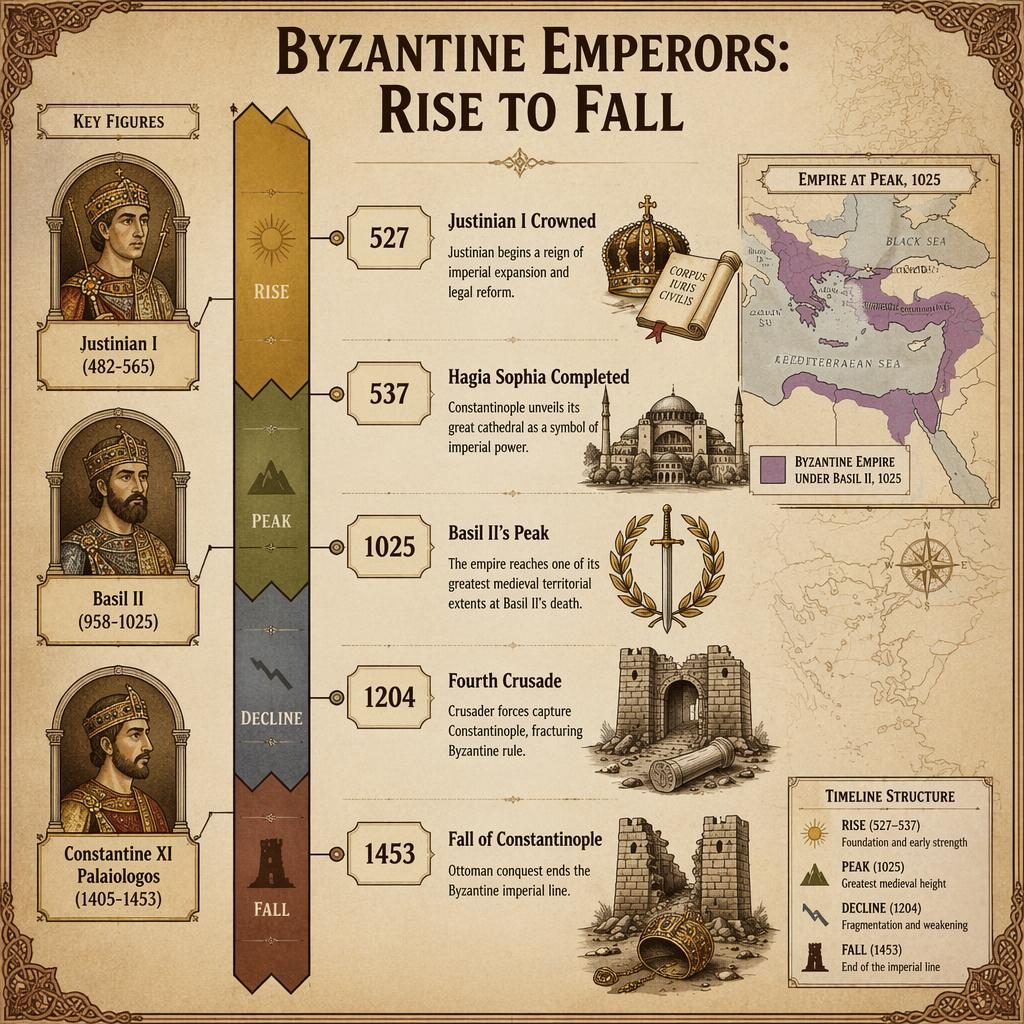 Vertical Byzantine emperors timeline on parchment with 527, 537, 1025, 1204, 1453 milestones and peak empire inset map.