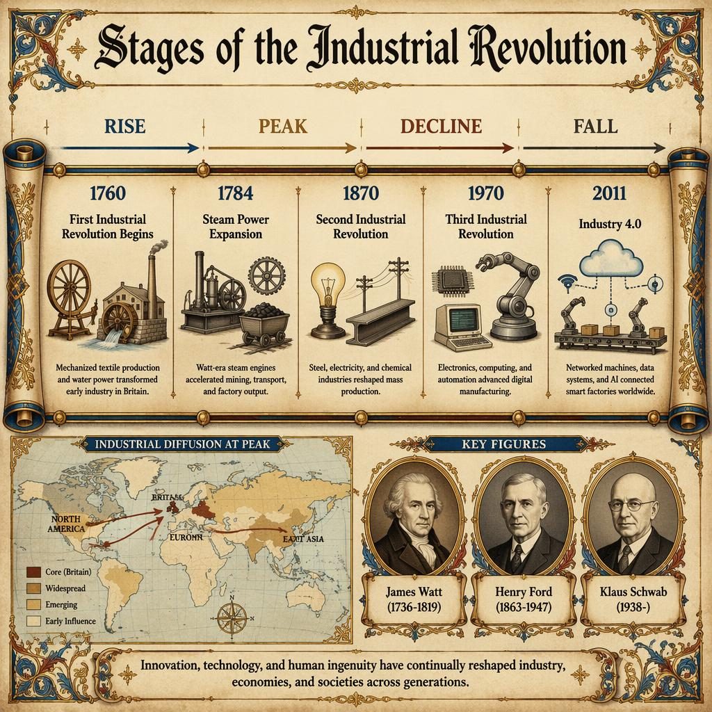 Infografía horizontal estilo pergamino con línea de tiempo de la Revolución Industrial, 5 hitos, mapa antiguo y medallones.