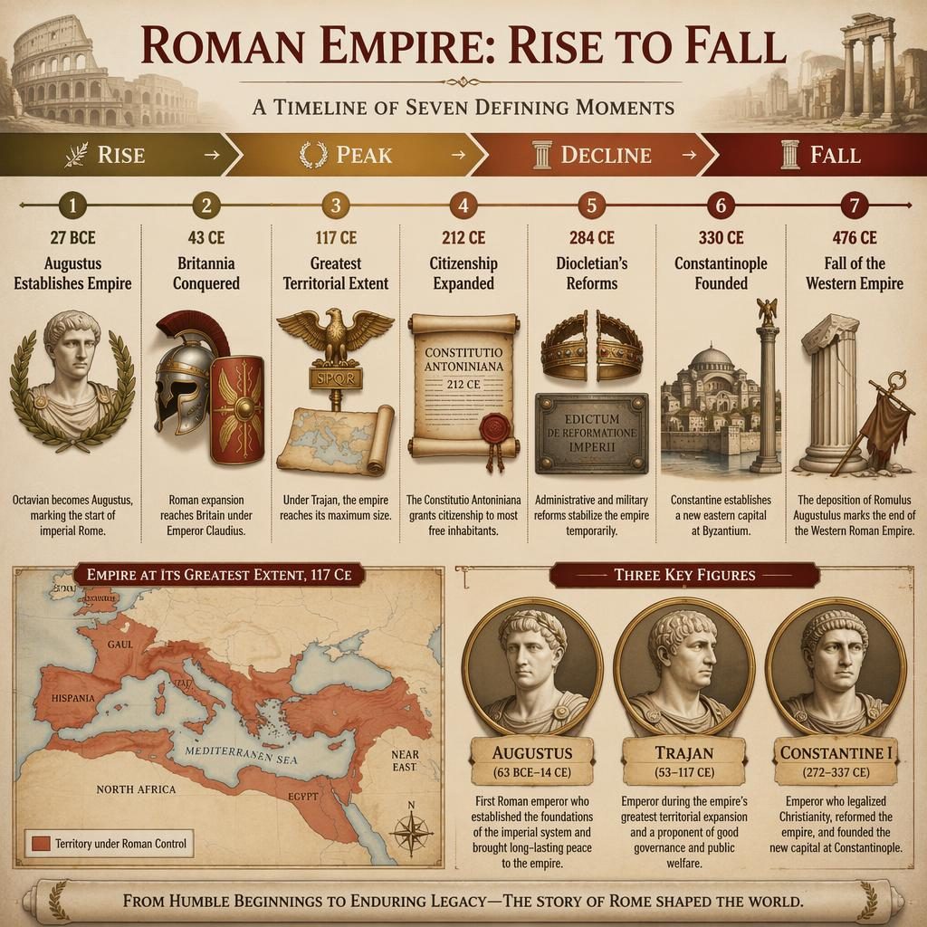 Horizontale Infografik zum Römischen Reich mit 7 Meilensteinen, Karte von 117 CE und Porträtmedaillons.