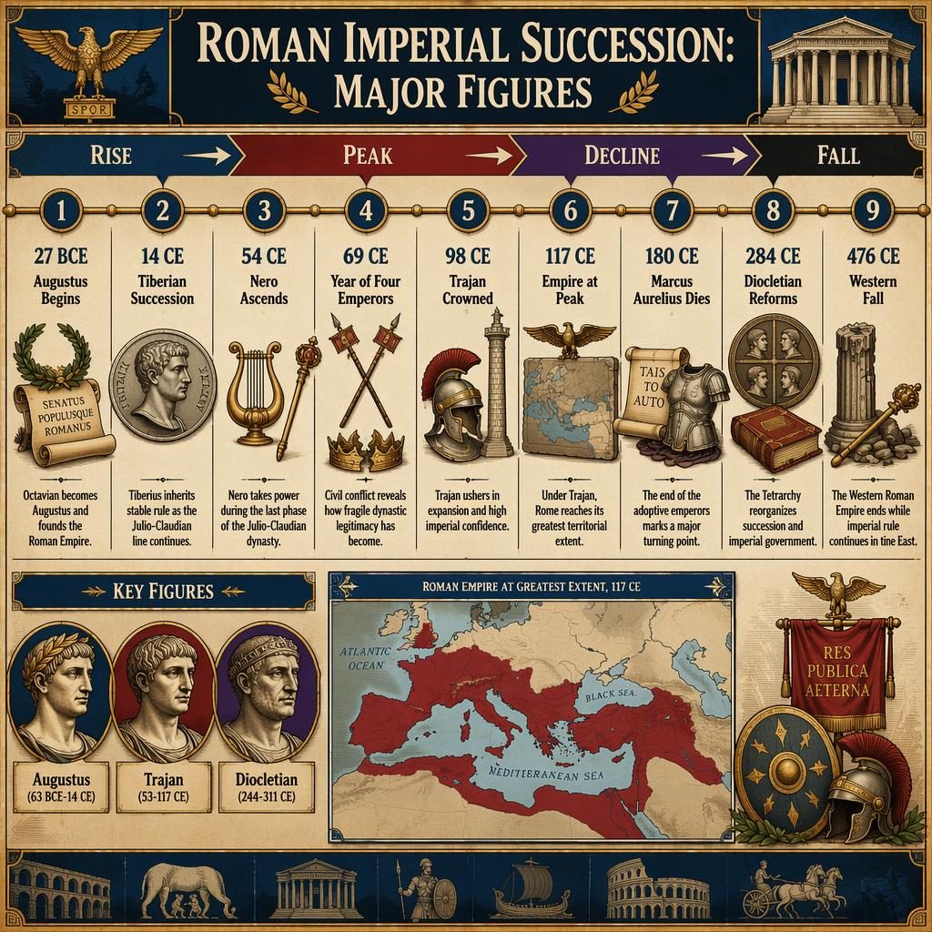 Infographie historique avec ruban chronologique horizontal, 9 jalons de succession impériale romaine et carte encartée de 117 CE.