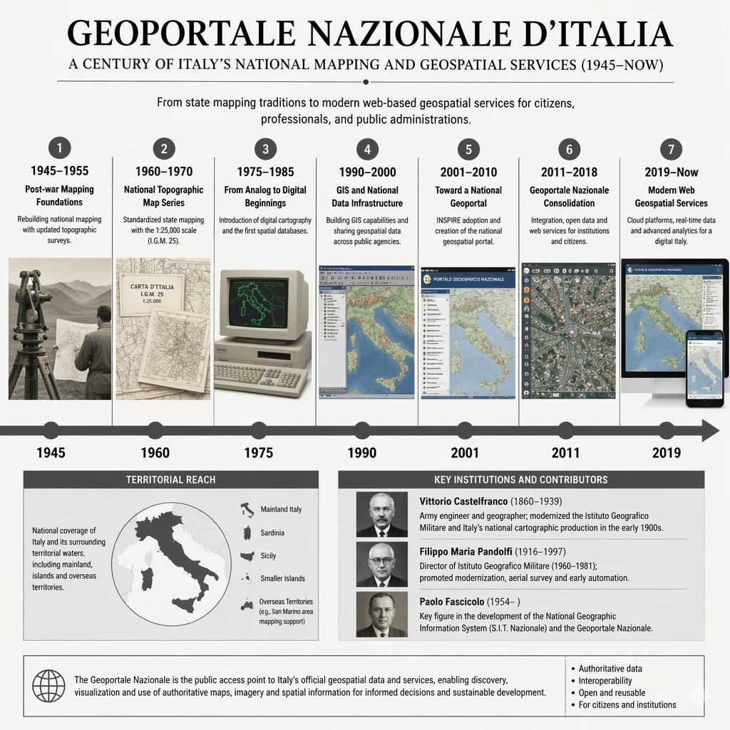 Infografica cronologica monocromatica sul geoportale nazionale in Italia con 7 tappe, date, mappe, GIS, satelliti e interfacce web.