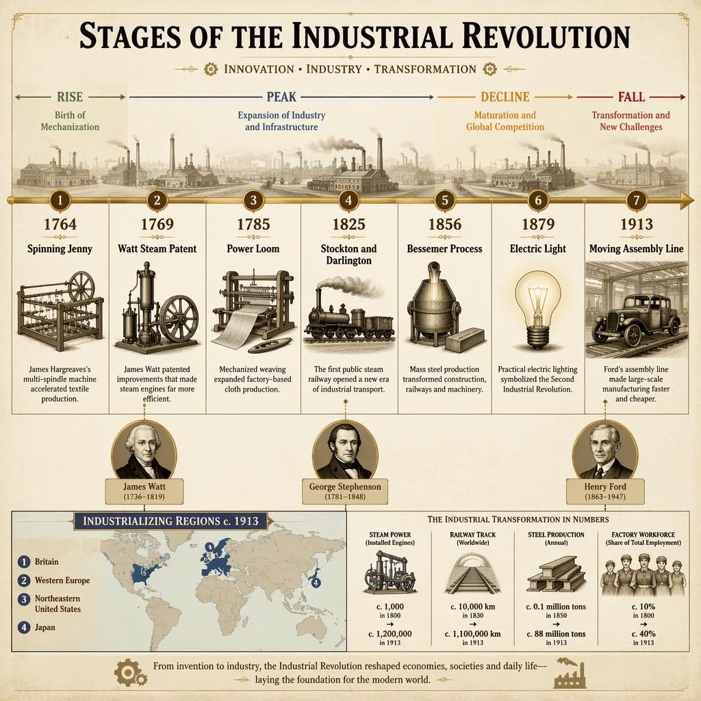 Infographie historique horizontale en sépia et or avec 7 jalons de la révolution industrielle, carte encart et portraits.