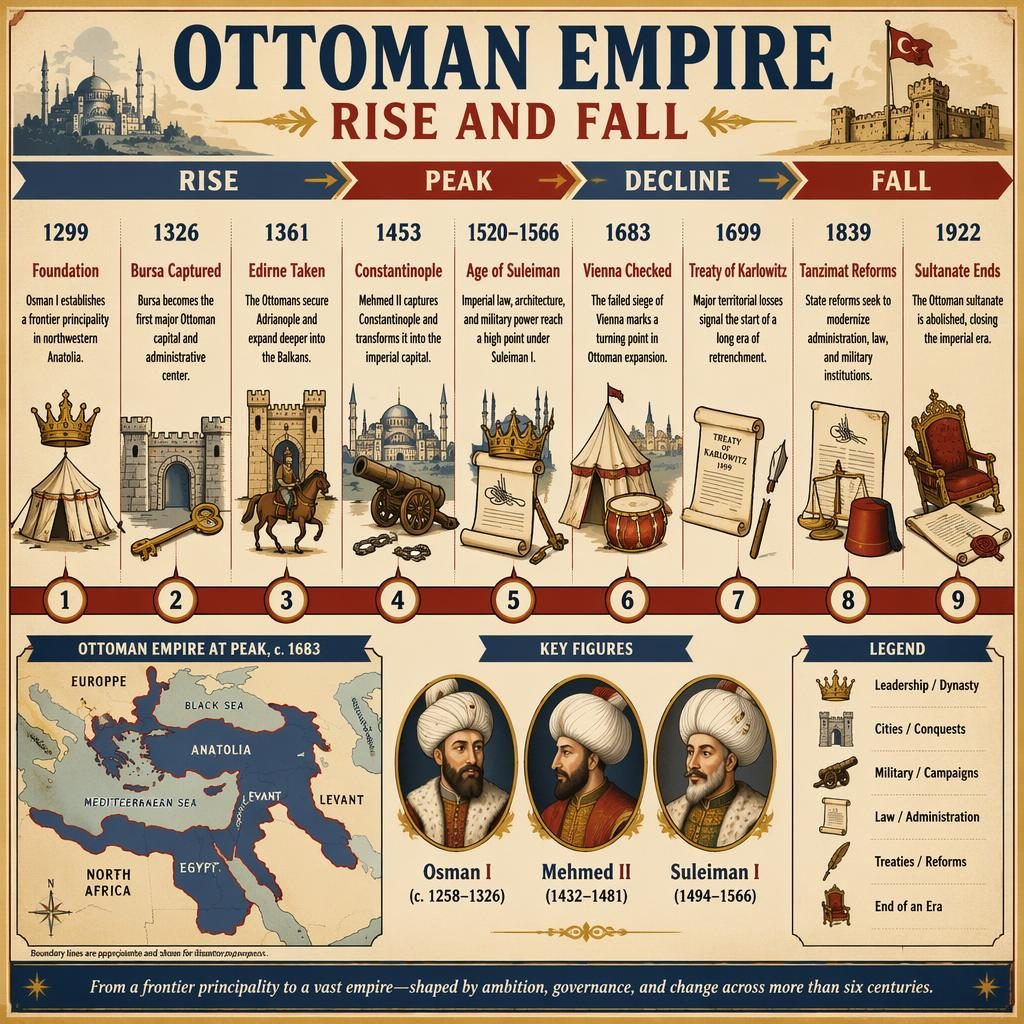 Infografía horizontal retro sobre el Imperio otomano, con línea temporal 1299–1922, 9 hitos, mapa y retratos.