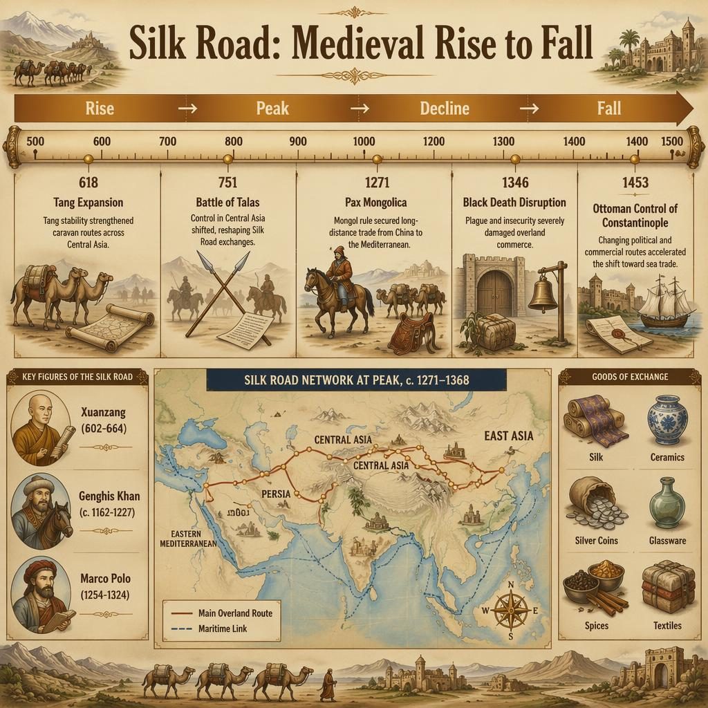 Infographie chronologique horizontale sur la Route de la soie, palette sépia et or, avec 5 jalons, carte et figures.