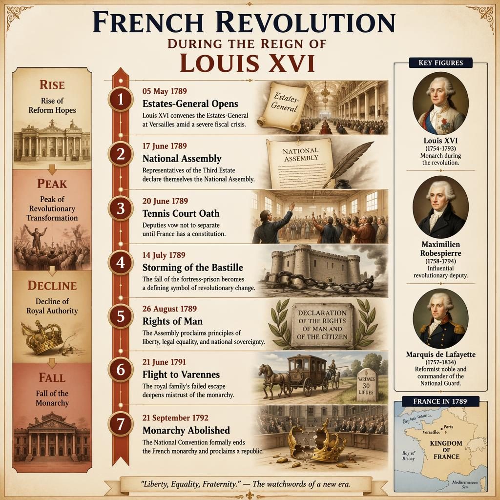Vertical French Revolution timeline infographic with 7 dated events, France inset map, and medallions of Louis XVI, Robespierre, and Lafayette.