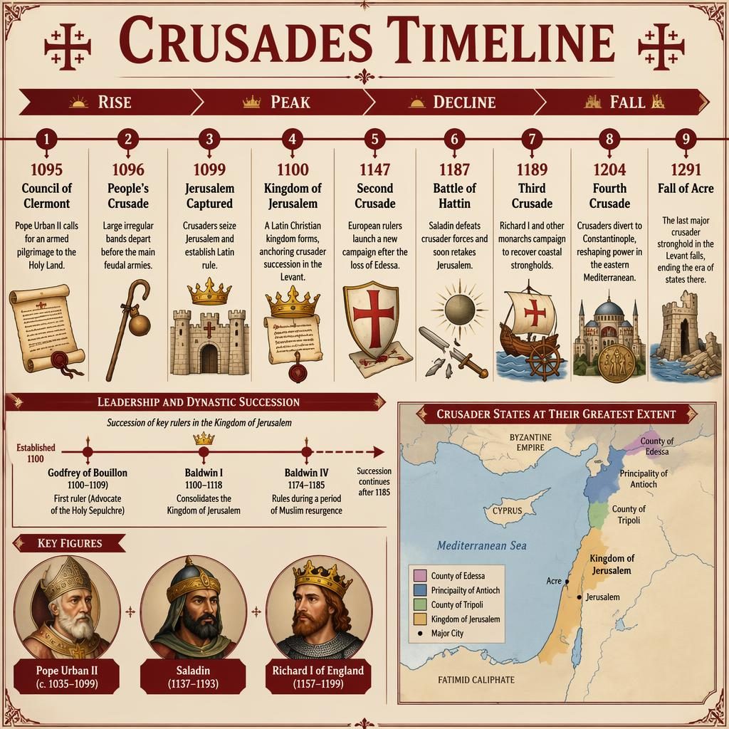 Horizontal Crusades timeline infographic with 9 dated events, inset Levant map, key figures, and leadership succession band.