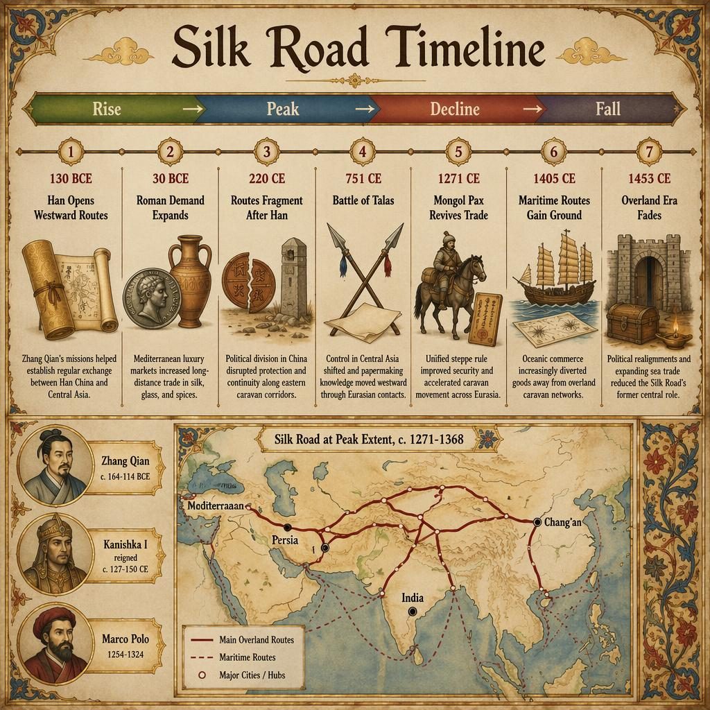 Infografía histórica en pergamino envejecido con cinta cronológica horizontal, mapa inset y medallones de figuras.