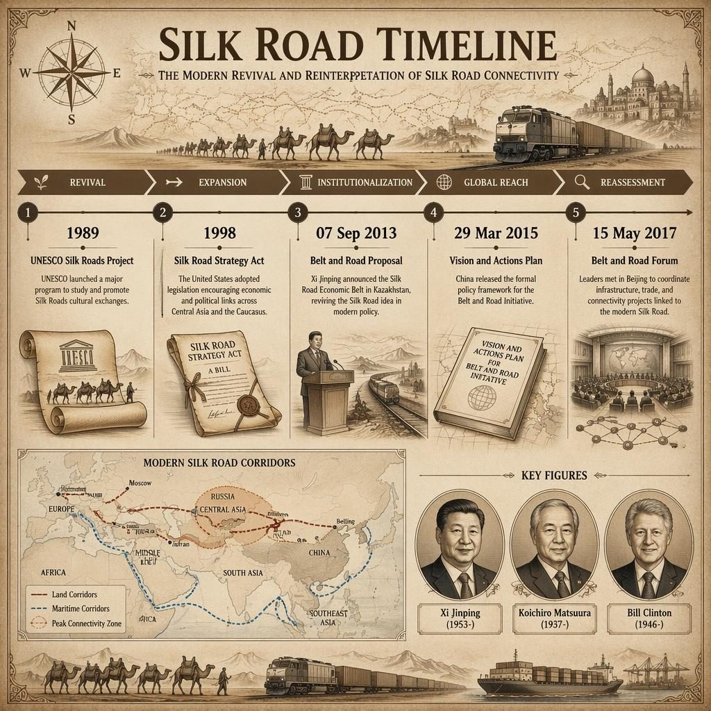 Horizontal Silk Road timeline infographic on aged parchment with five dated milestones, inset map, portrait medallions, and sepia icons.