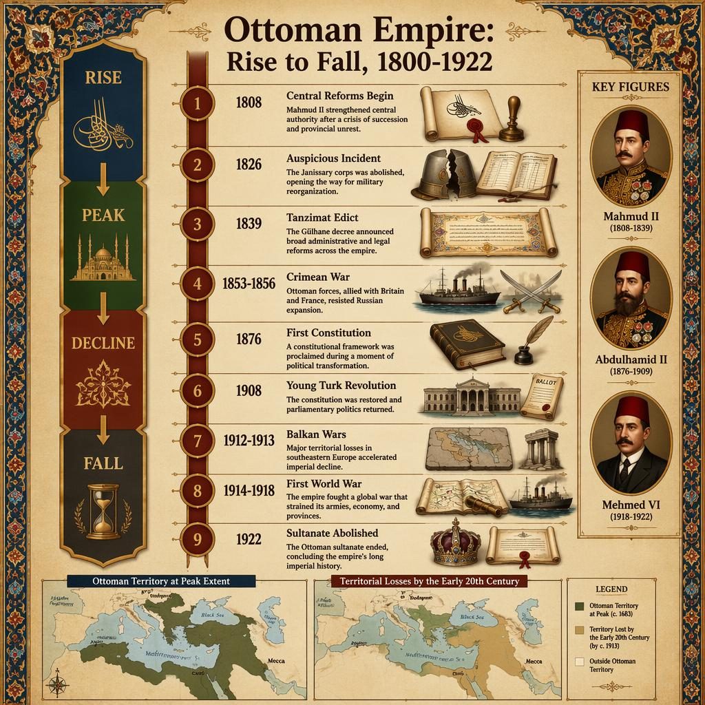 Infographie historique sur parchemin avec frise verticale, repères datés, cartes en encart et figures ottomanes.