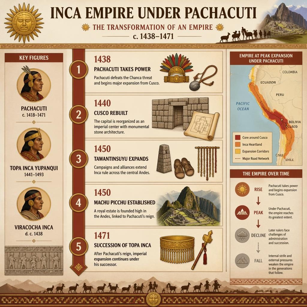 Infographie verticale sur l’empire inca sous Pachacuti avec 5 jalons datés, carte en encart et légende de figures clés.