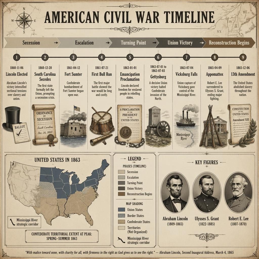 Infographie historique sur la guerre de Sécession, frise horizontale sur parchemin avec 9 dates, carte de 1863 et portraits.
