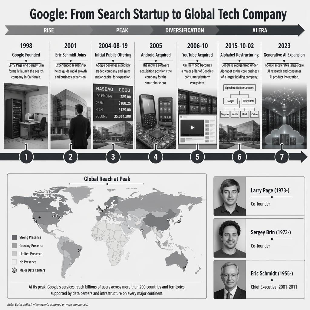 Infográfico horizontal em tons de cinza com linha do tempo do Google, 7 marcos, mapa mundial e caixas laterais de figuras-chave.