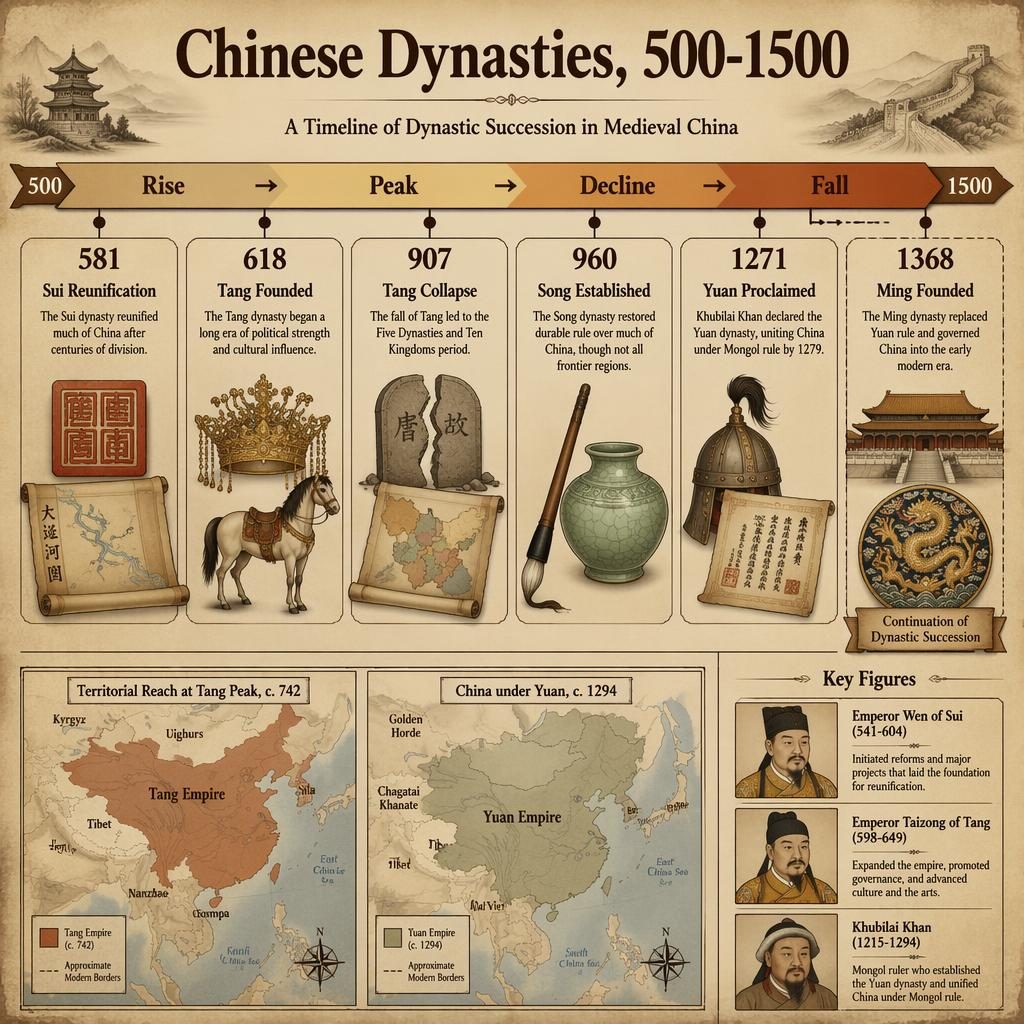 Infographie historique sur parchemin montrant une chronologie horizontale des dynasties chinoises de 500 à 1500.