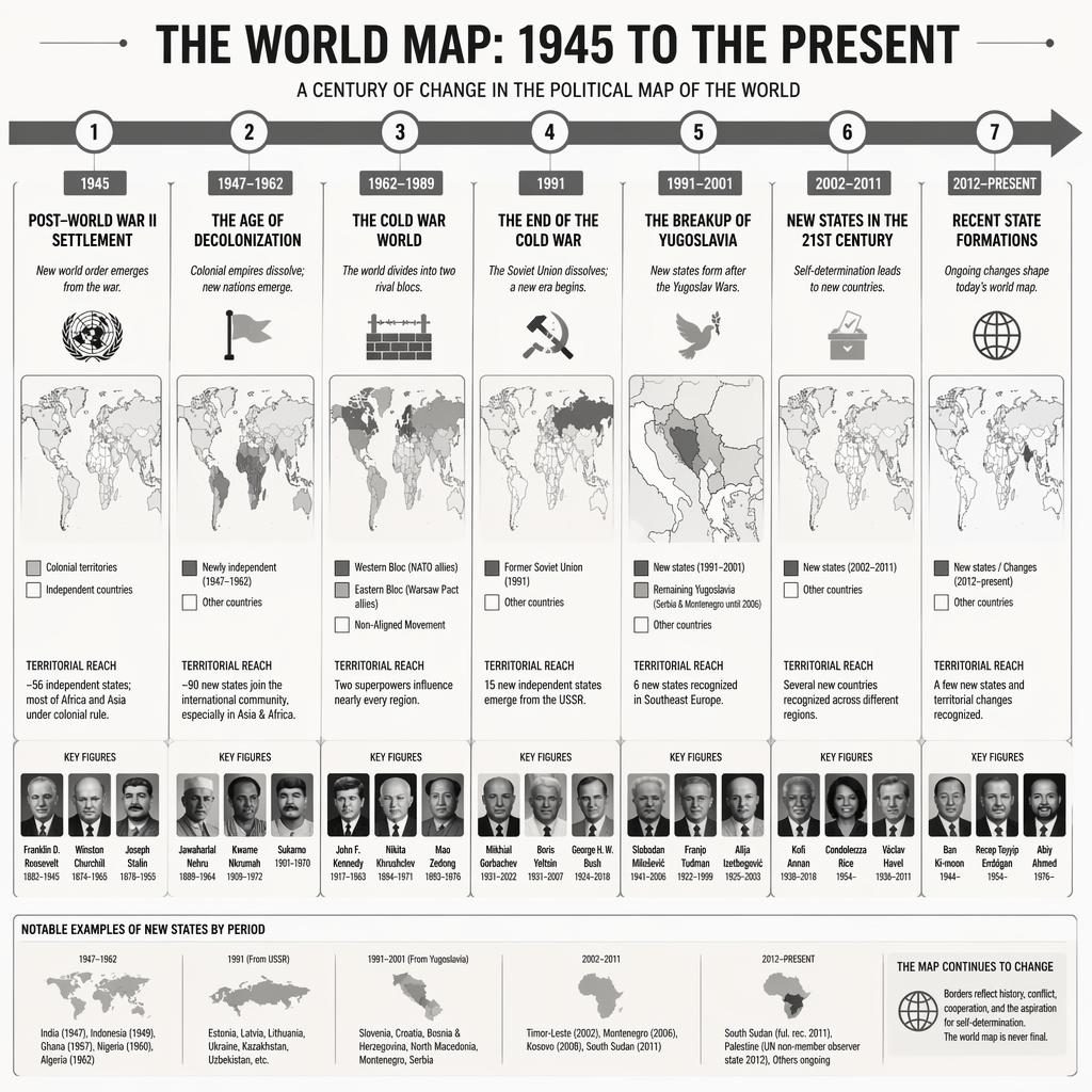 Infografika osi czasu z mapą świata 1945–dziś, 7 etapów zmian granic, dekolonizacja, zimna wojna i rozpad ZSRR.