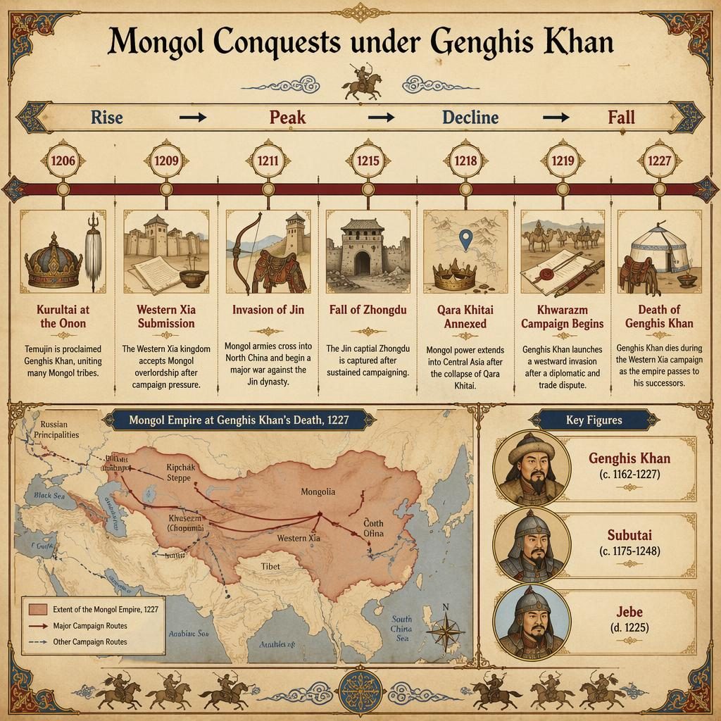 Infographie historique sur parchemin montrant la chronologie des conquêtes mongoles sous Gengis Khan, 1206 à 1227.