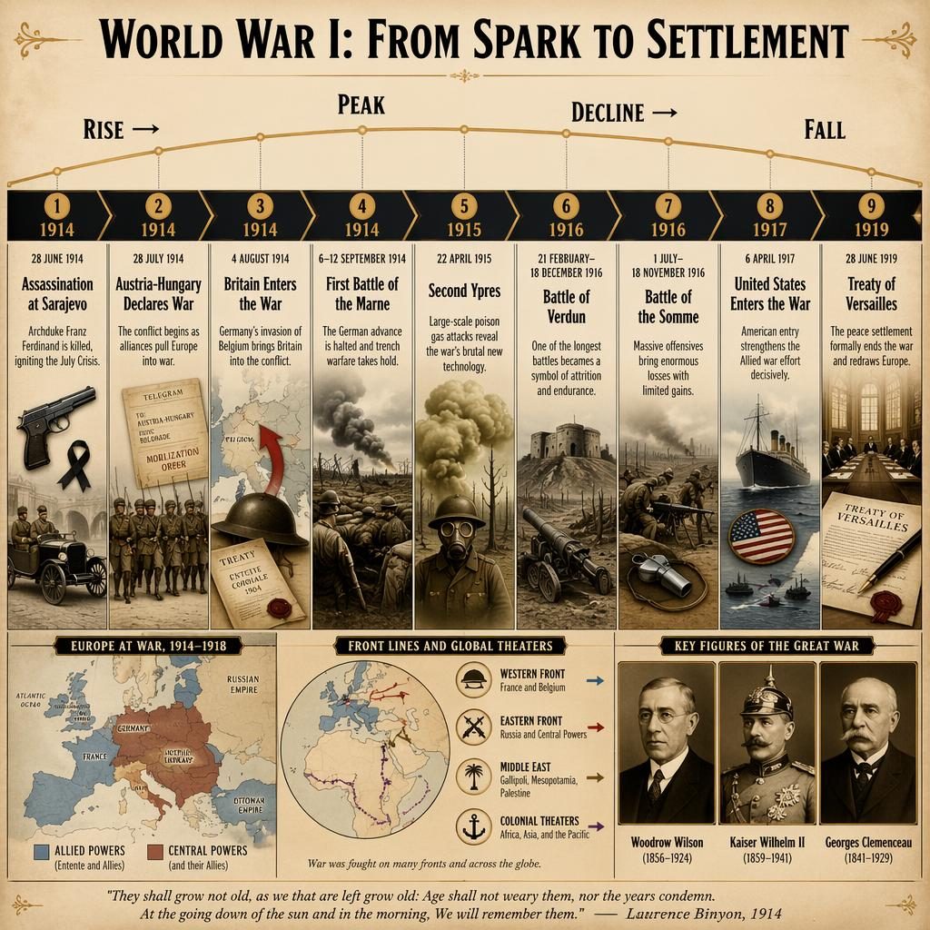 Infographie horizontale sur la première guerre mondiale avec frise 1914-1919, 9 jalons, cartes, portraits et palette sépia.
