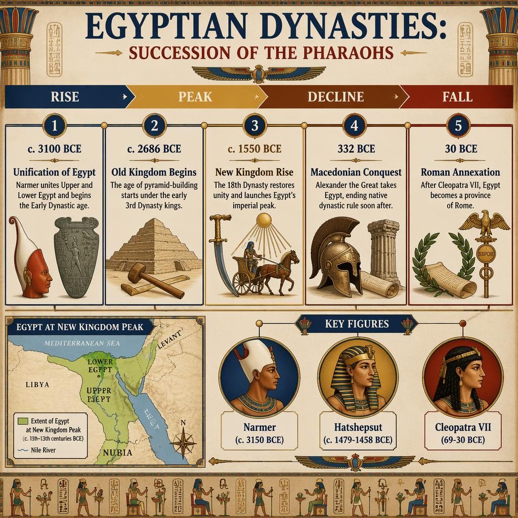 Infographie horizontale sur les dynasties égyptiennes avec 5 jalons datés, cartes, médaillons de pharaons et icônes antiques.