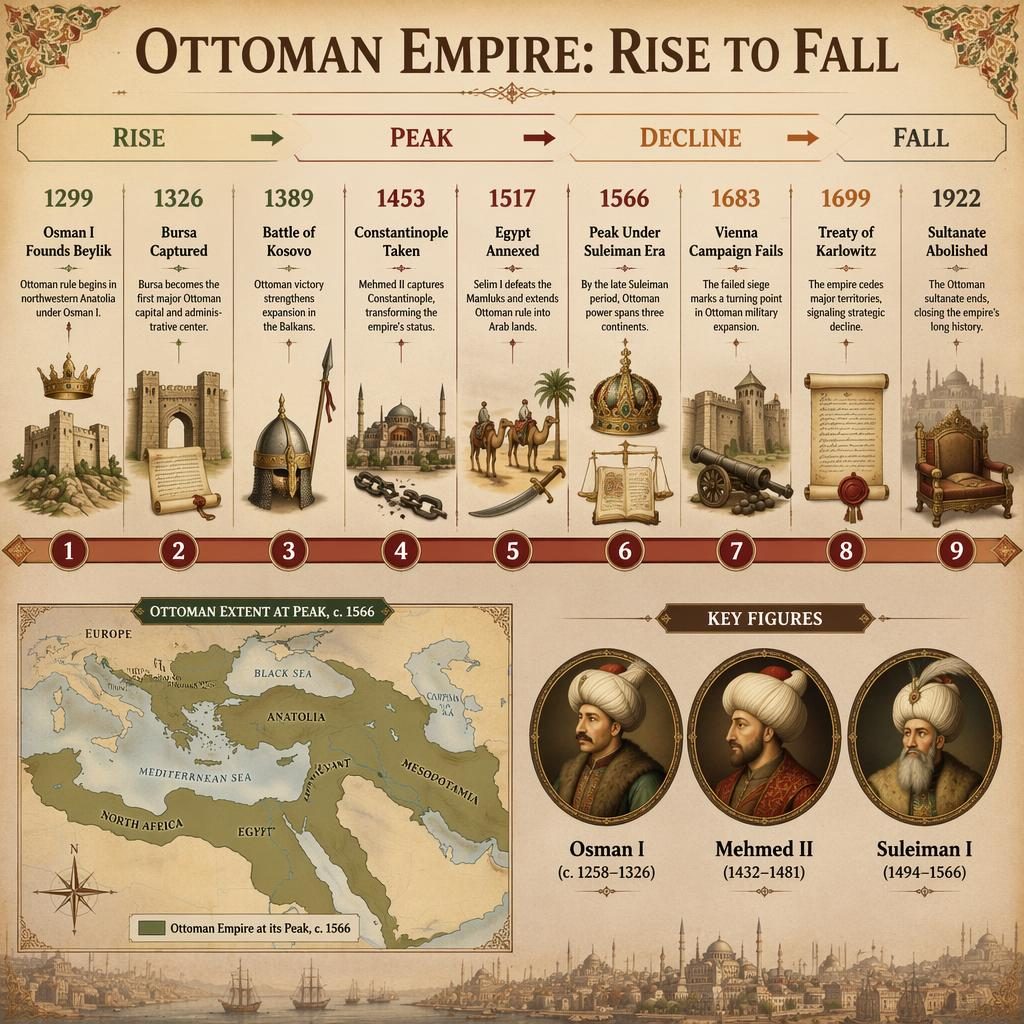 Infographie historique de l’Empire ottoman avec frise horizontale, 9 dates clés, carte d’extension et portraits médaillons.