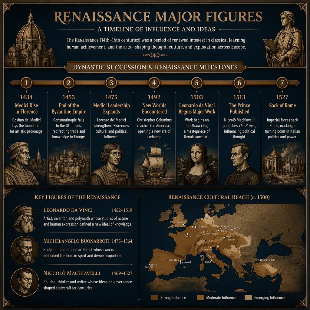 Museum-style renaissance timeline infographic in bronze and navy with 7 dated milestones, portraits, maps, and dynasty cues.