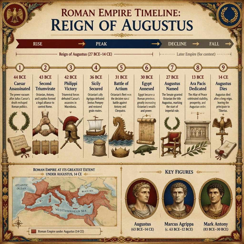 Infographie historique sur parchemin avec frise horizontale, 9 jalons d’Auguste, carte en médaillons et style manuscrit enluminé.