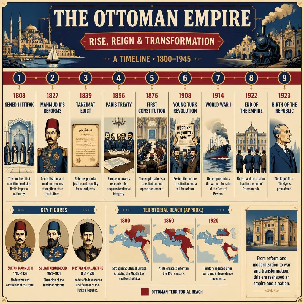 Infographie chronologique rétro sur l’Empire ottoman, 9 dates, ruban bleu royal et cramoisi, portraits, cartes et repères visuels.