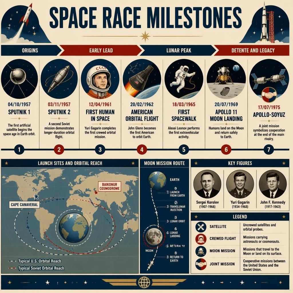 Infographie historique horizontale sur la course à l’espace avec 7 jalons, carte, portraits et légende rétro.