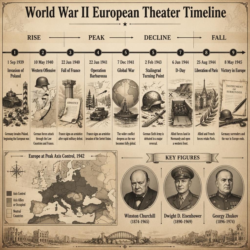 Antique parchment WWII European Theater timeline infographic with 9 dated milestones, map inset, and 3 portrait medallions.