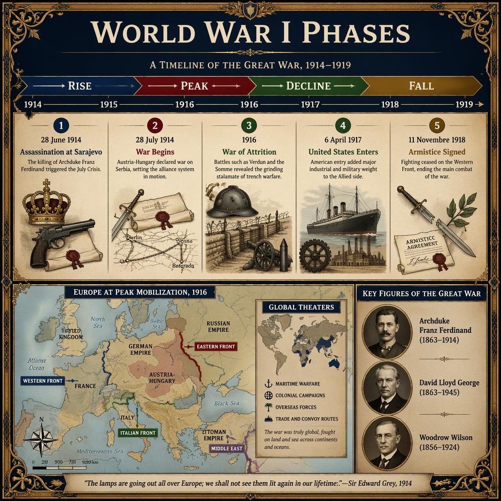 Infographie chronologique horizontale 1914–1919 sur la Première Guerre mondiale, style panneau de musée à bordures médiévales.