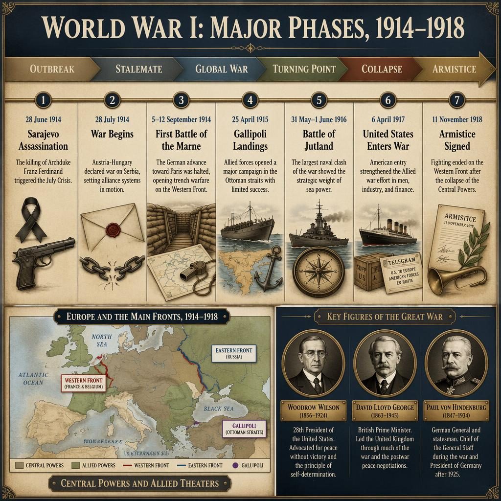 Panneau infographique horizontal sur la Première Guerre mondiale, avec 7 dates clés, carte encart, portraits gravés et palette bronze marine.