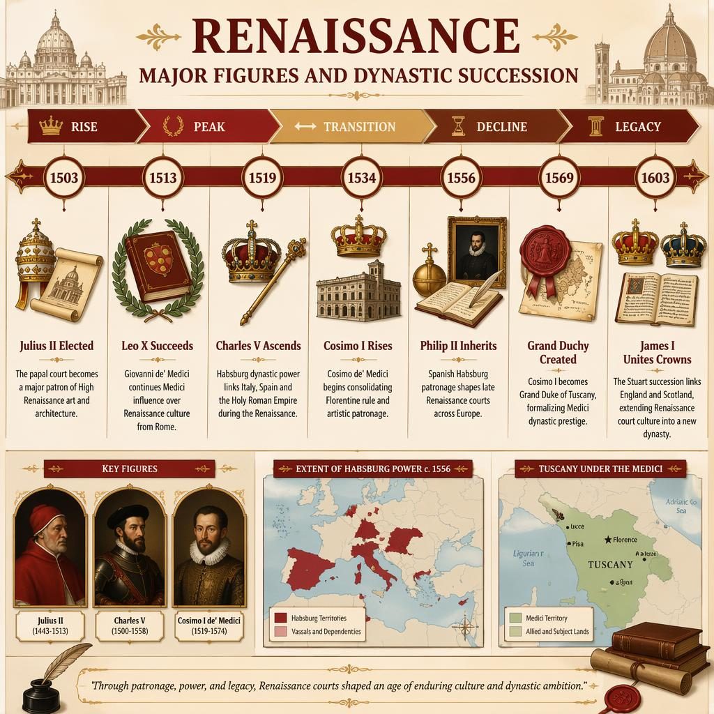 Infographie historique avec ruban chronologique horizontal, 7 jalons datés, portraits, cartes et icônes dynastiques rouge crème.