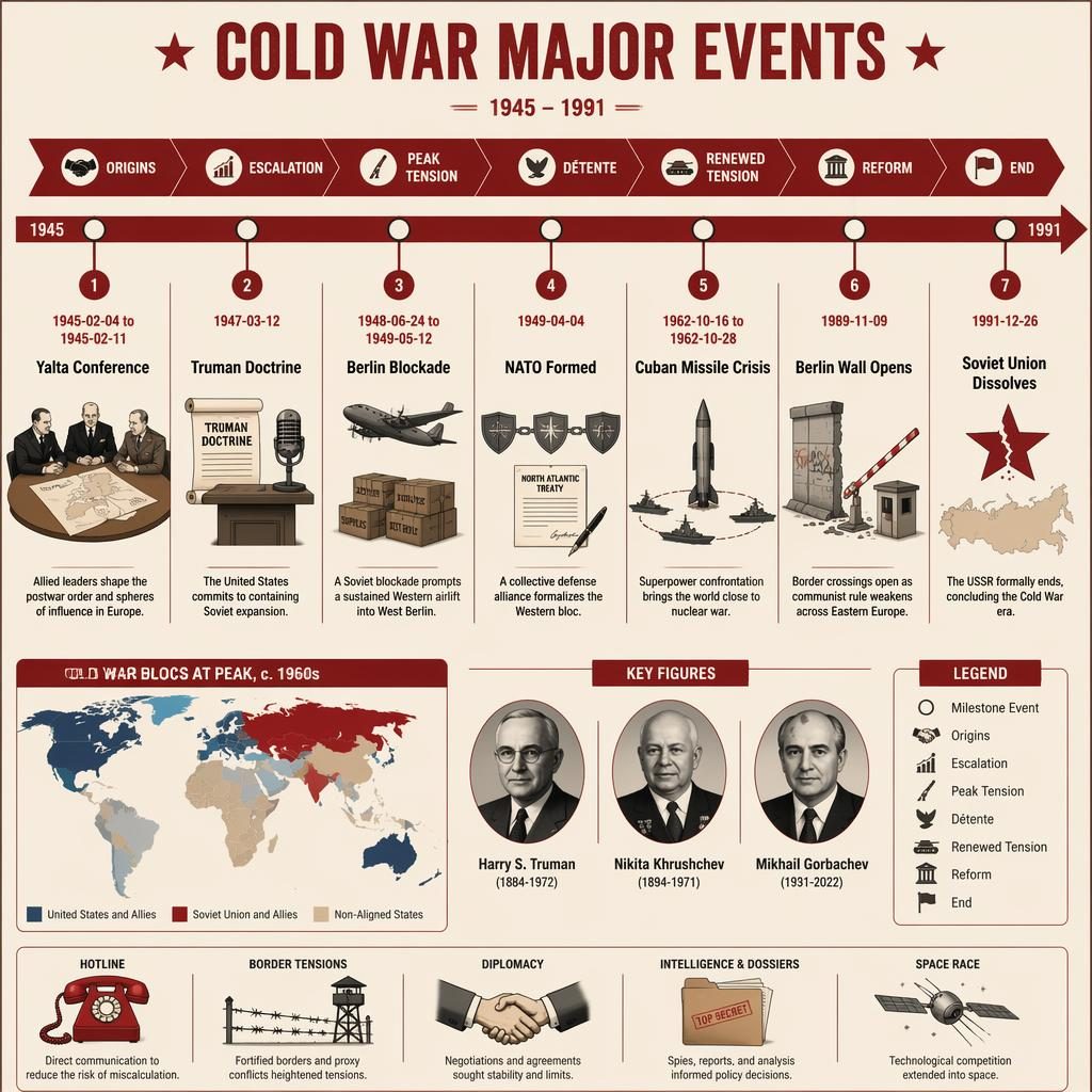 Infographie historique horizontale 1945–1991 sur la guerre froide, jalons majeurs, carte des blocs et portraits de dirigeants.