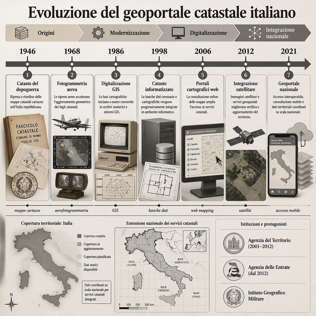 Timeline orizzontale 1946–2021 sul geoportale cartografico catastale italiano con 7 tappe, mappa d'Italia e legenda enti.