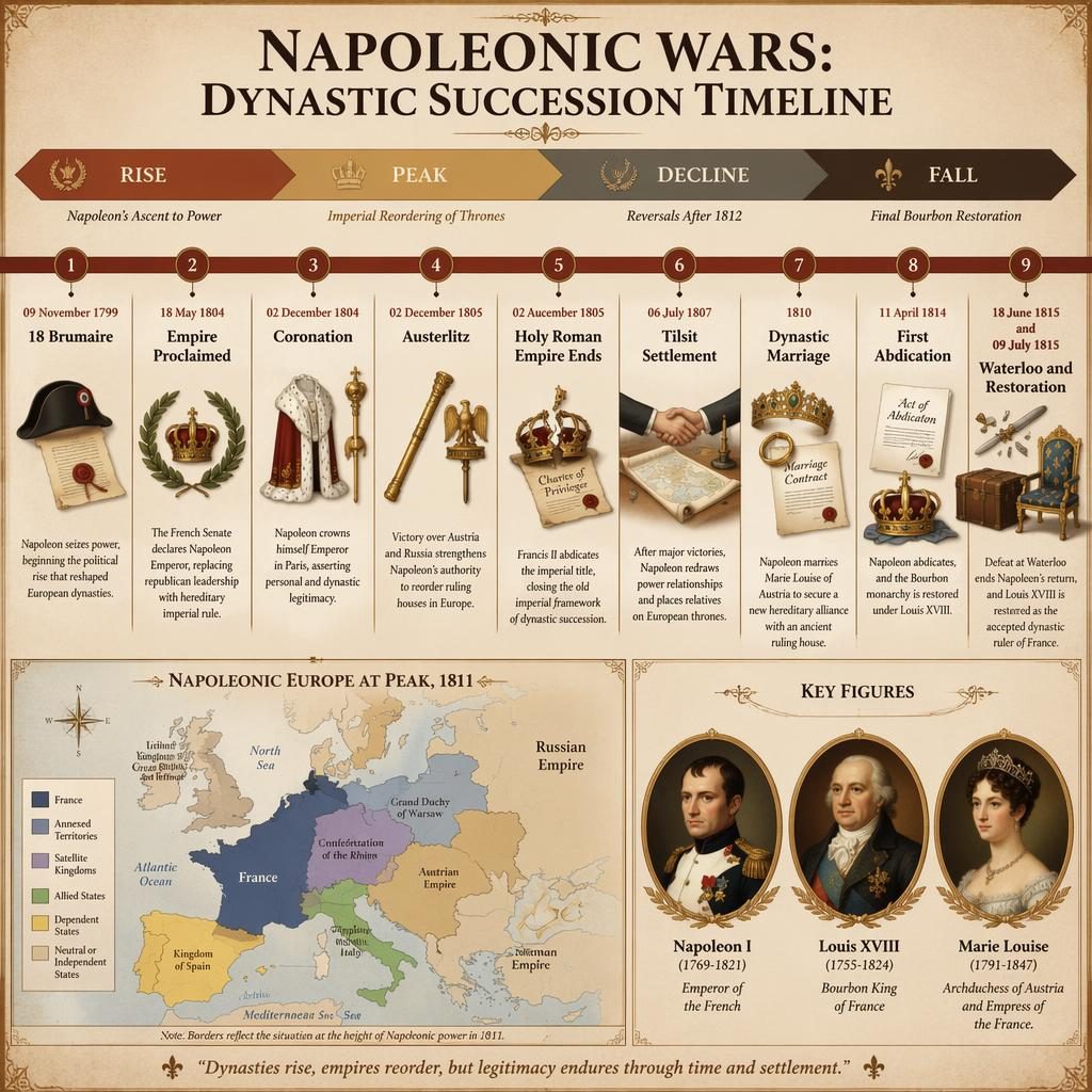 Infografía horizontal sobre sucesión dinástica napoleónica con 9 hitos, mapa de Europa de 1811 y retratos de Napoleón I, Luis XVIII y Marie Louise.