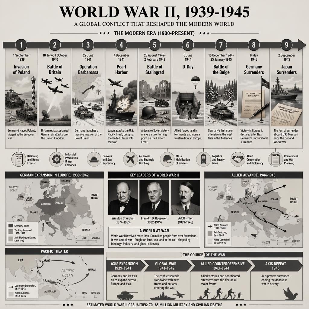 Infográfico horizontal da Segunda Guerra Mundial com 9 marcos datados, mapas, ícones militares e retratos editoriais.