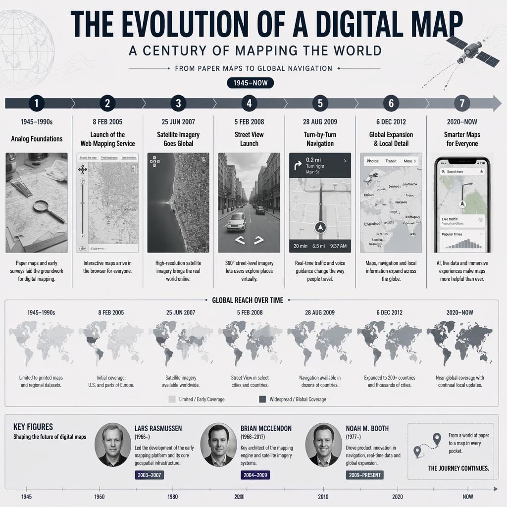 Monochromatyczna infografika osi czasu pokazująca rozwój mapy google w 7 etapach z datami, panelami interfejsu i zasięgiem globalnym.