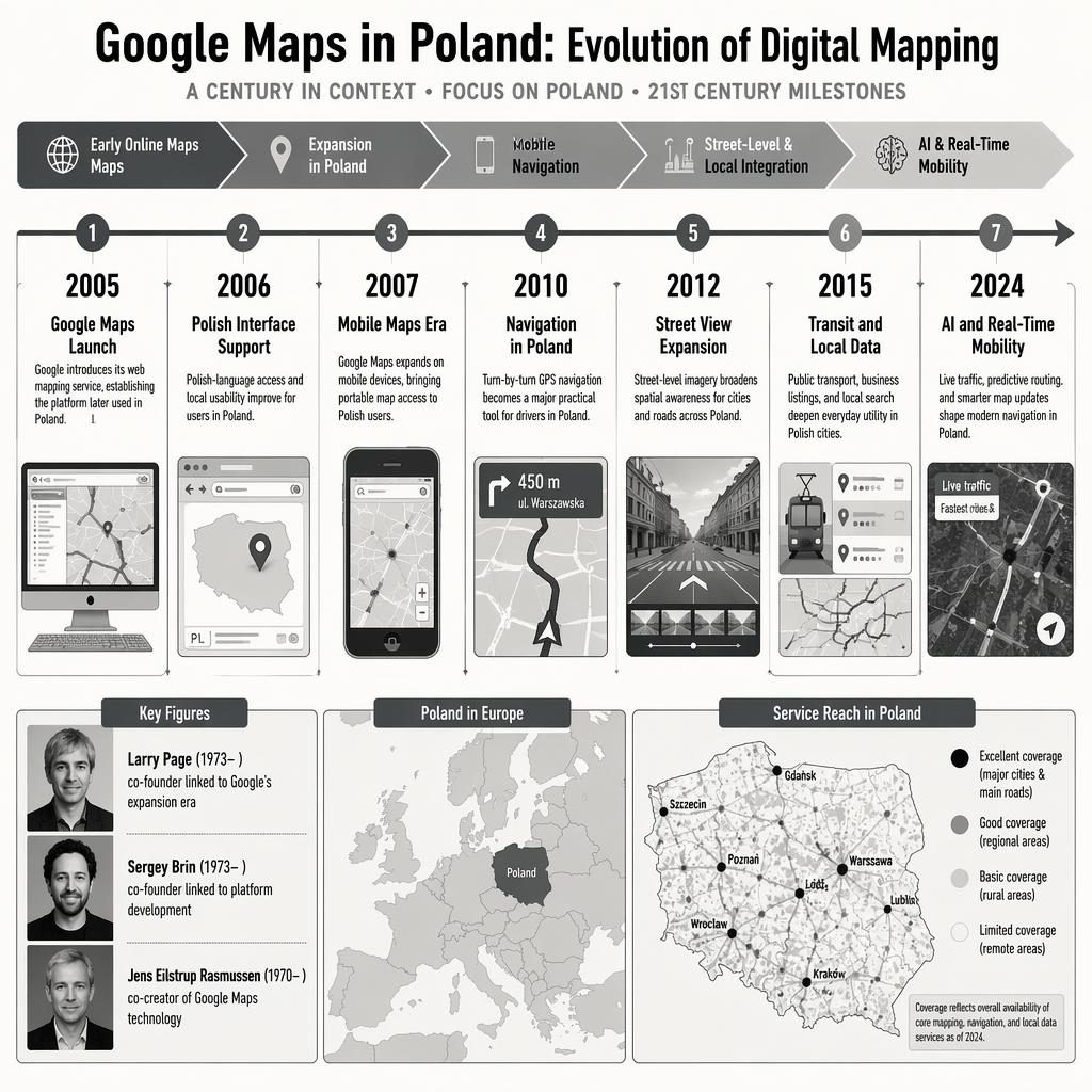 Pozioma infografika osi czasu o Google Maps w Polsce z 7 kamieniami milowymi, panelem postaci i mapą Europy.