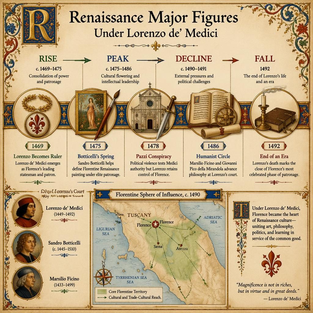 Historical timeline infographic on aged parchment showing Lorenzo de' Medici's reign, 1469–1492, with 5 milestones and medallions.