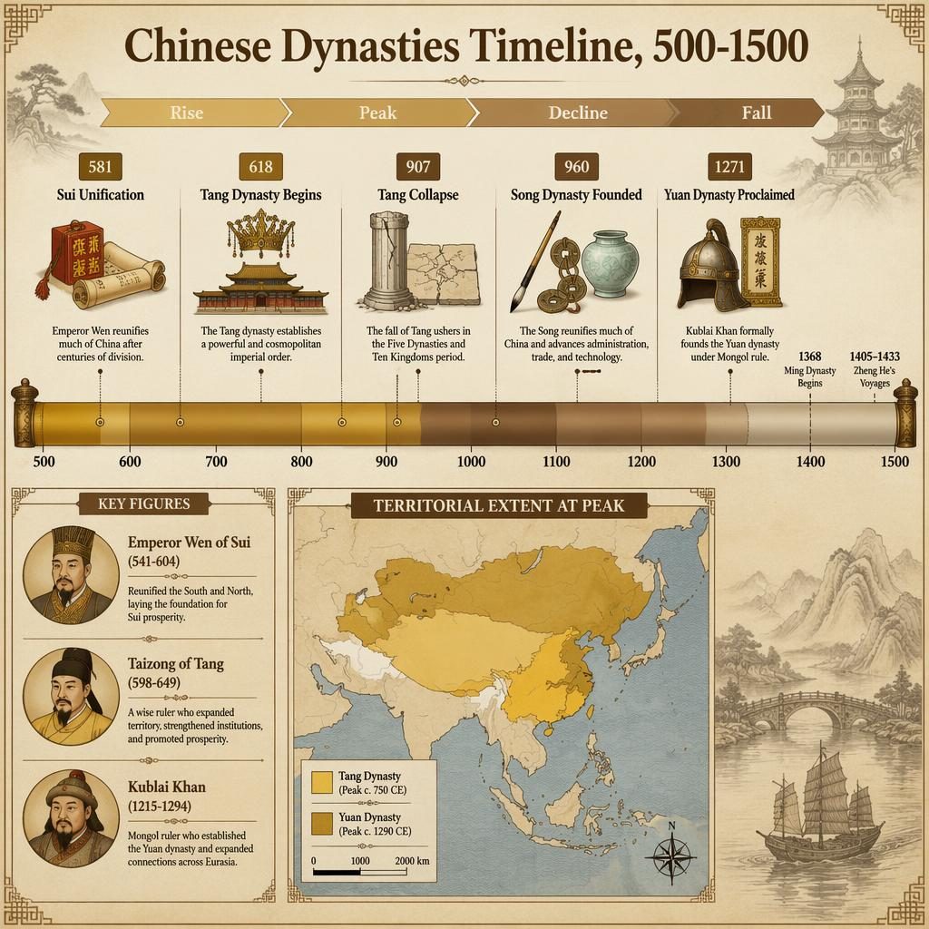 Infografía horizontal de dinastías chinas 500-1500 con hitos, mapa de extensión máxima, leyenda e iconos históricos.
