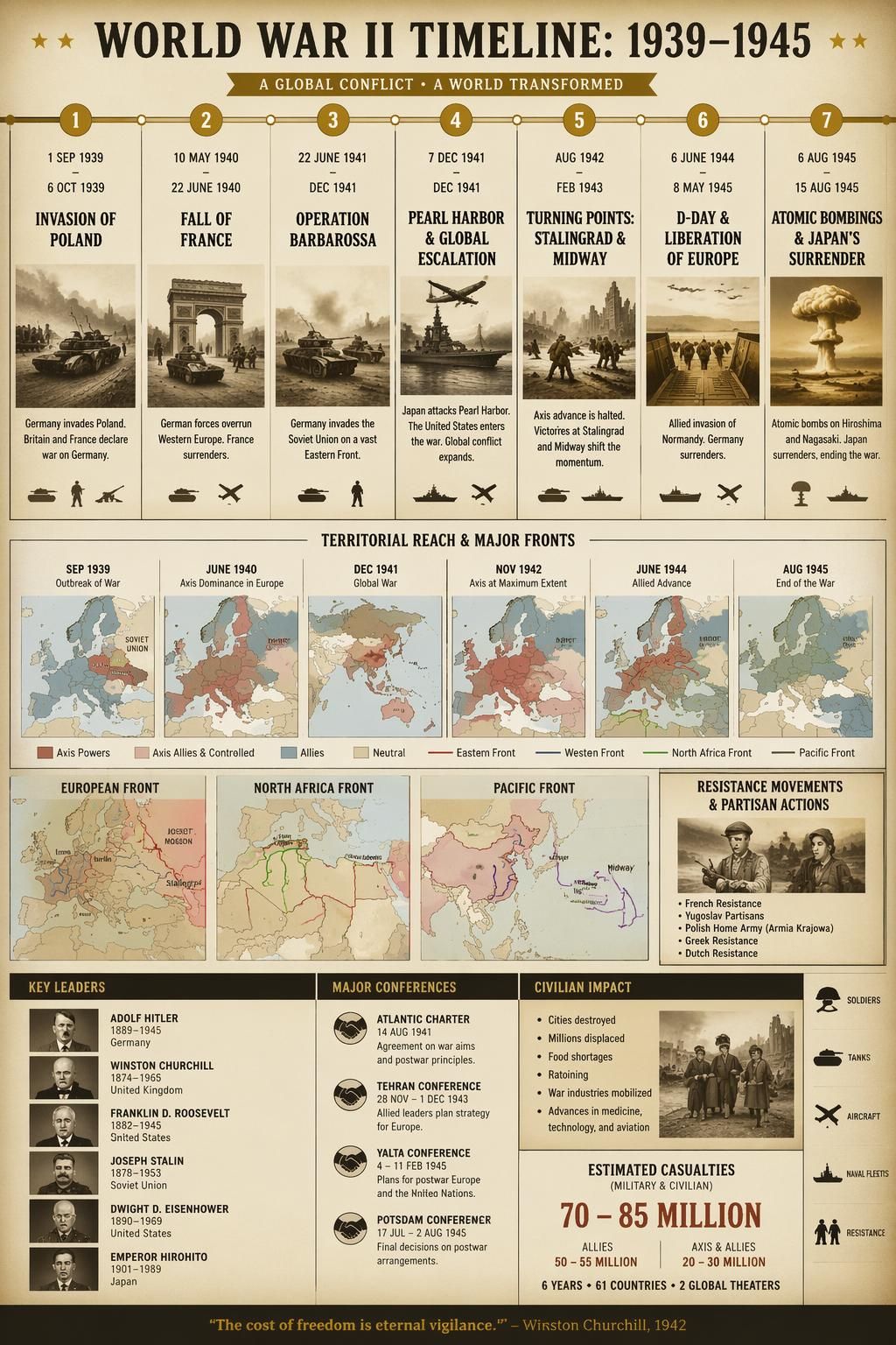Sepia and gold WWII timeline infographic with 7 dated milestones, maps, leaders, battle icons, and color-coded fronts.