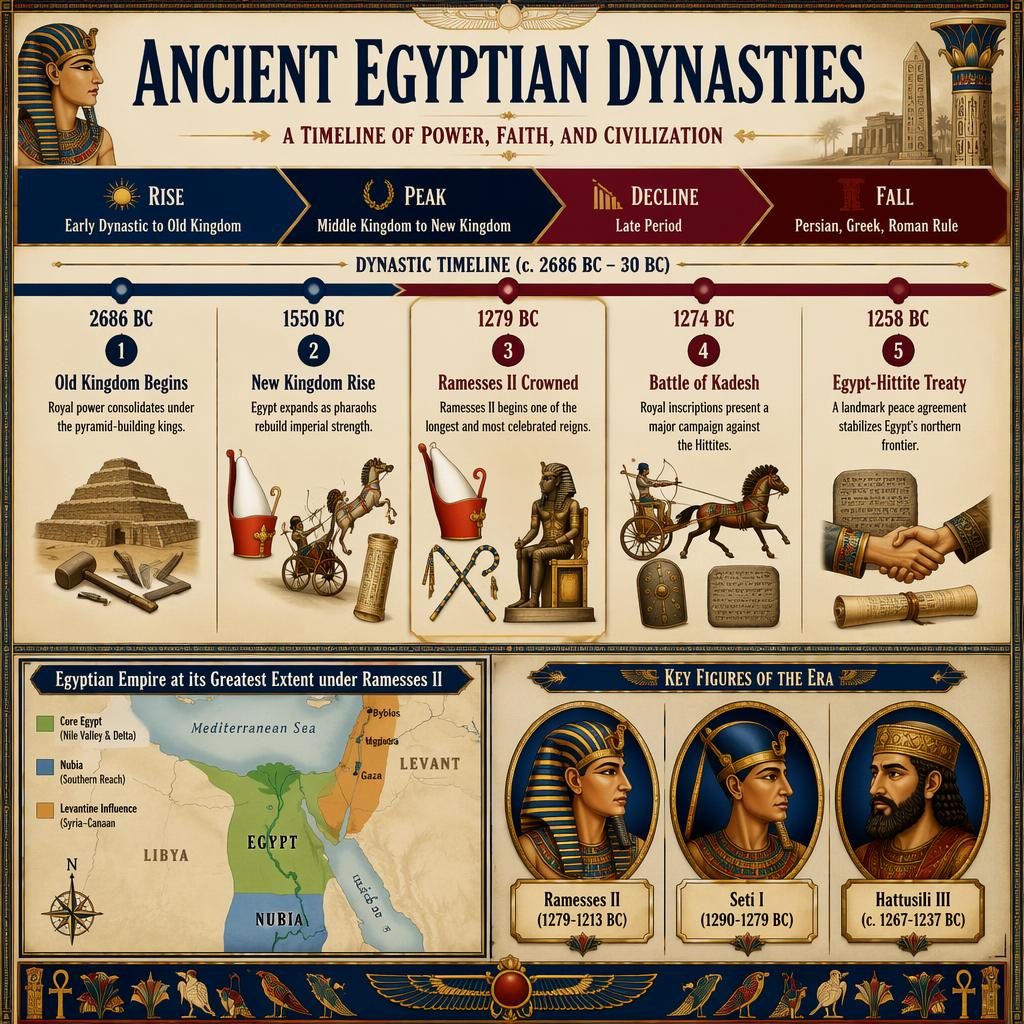 Horizontal ancient Egyptian dynasties timeline infographic highlighting Ramesses II with 5 dated milestones and map inset.