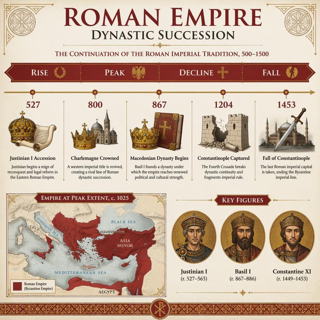 Historische Infografik mit horizontalem Zeitstrahl zur römischen Dynastiefolge 500–1500 und 5 Meilensteinen.