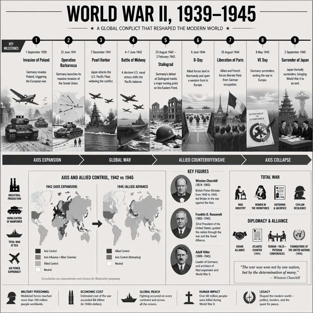 Infographie horizontale de la seconde guerre mondiale 1939–1945 avec 9 jalons, carte comparative et portraits de dirigeants.